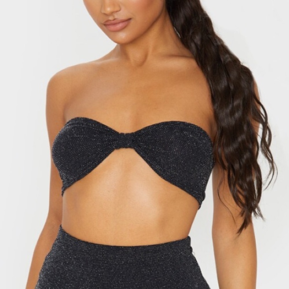 Prettylittlething textured glitter bow black bandeau bra top size 2